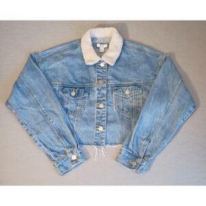 Forever 21 Y2K Cropped Lt Wash Denim Jacket Women S‎ Blue Sherpa Collar Raw Hem